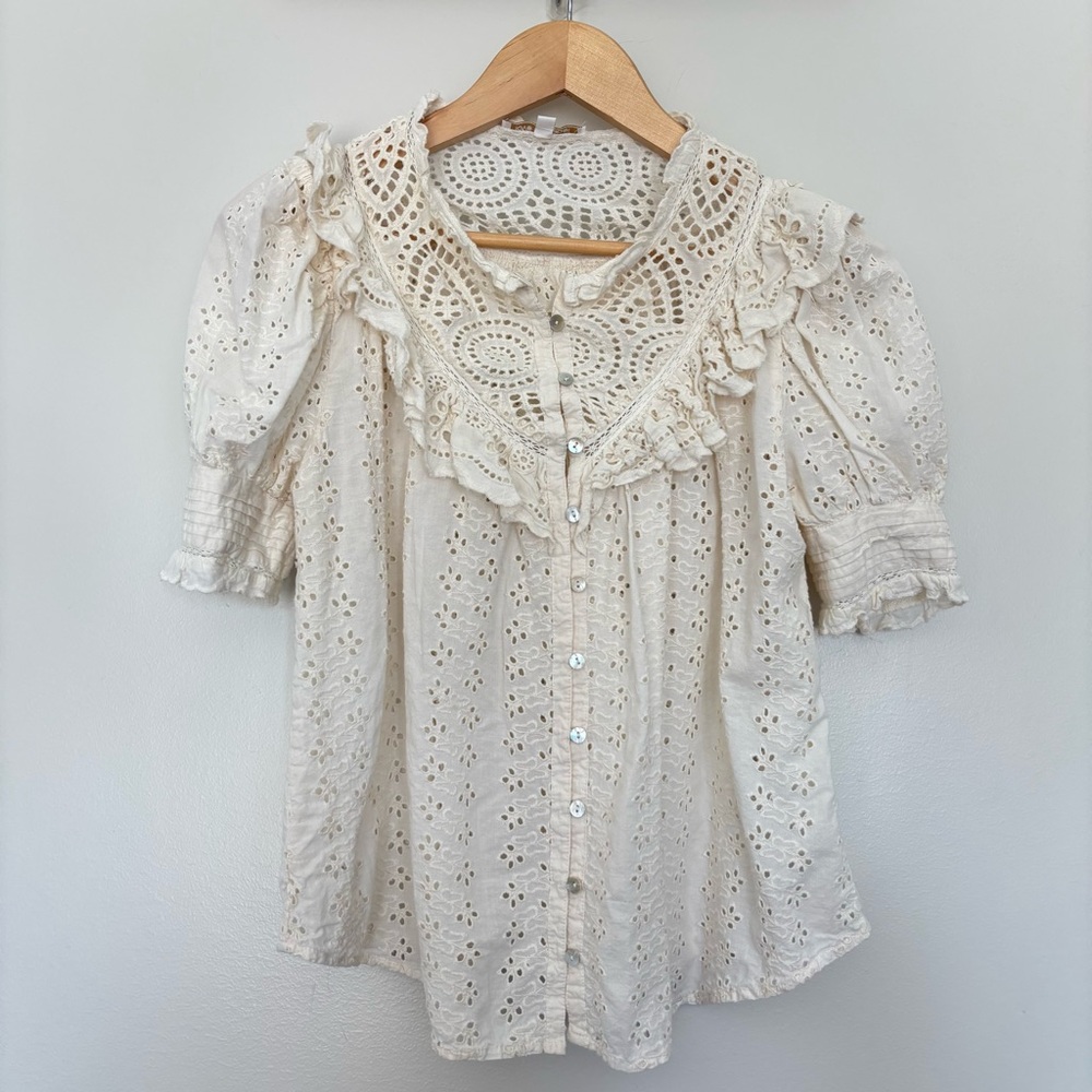 Love The Label Anthropologie‎ Dreamer Ruffled Eyelet Blouse 100% Cotton Size L - Picture 6 of 9